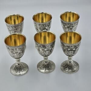 VTG Set of 6 Corbell Silverplate Cordial Goblets Coat Of Arms Lion Medieval